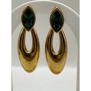 Swarovski Gold Tone Green Crystal Dangle Drop Stud Earrings 2" Swan Signed